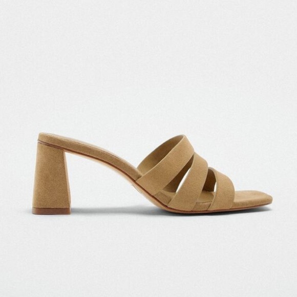 NWT. Zara Tan Split Suede Middle Heel Strappy Sandals. Size 9. - Picture 1 of 11
